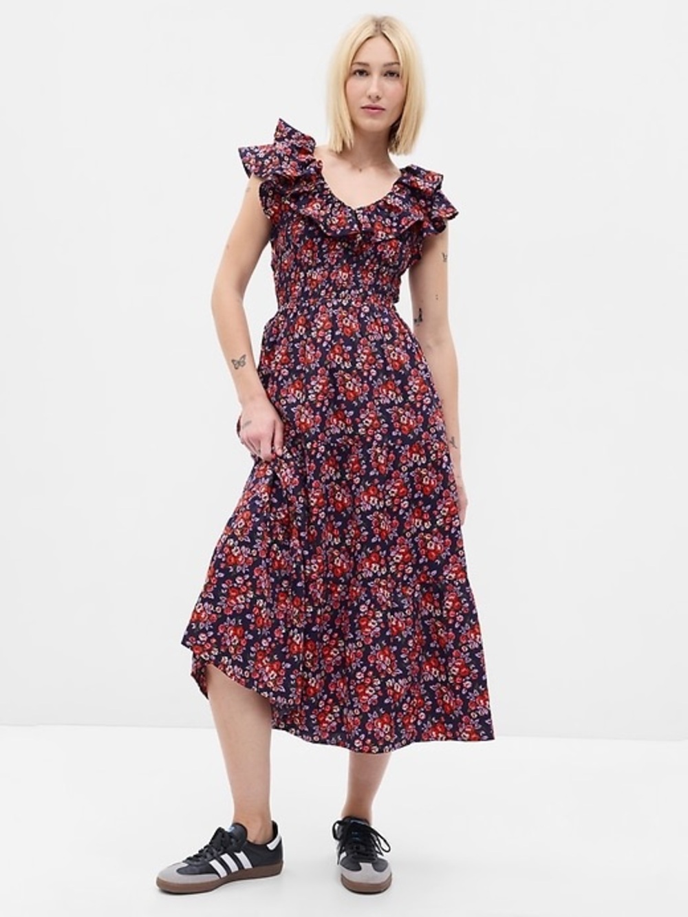 Gap Flutter Sleeve Smocked Midi Dress Floral Purple Red Size S Cotton